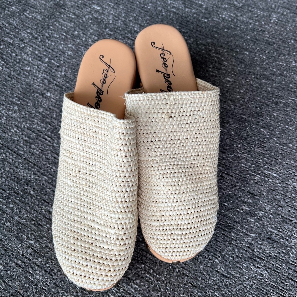 Free People Cream Tan Clog Mules with Wooden Soles - Picture 5 of 9